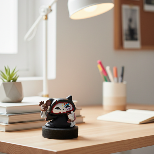Figura decorativa gato catrina, día de muertos, gato con bastón rata, divertido diseño 1pz