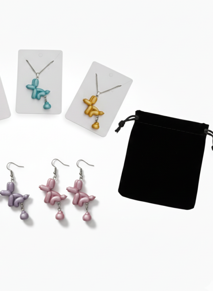 Collar Y Aretes perro globo metálico haciendo popi, divertido conjunto joyería 2pz Set acero inoxidable