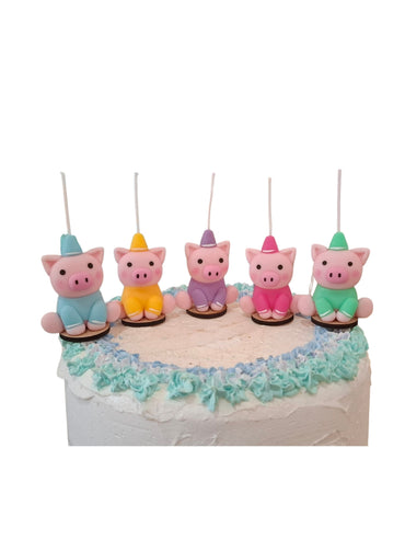 Cochinitos de colores, puerquitos tiernos , velas para pastel 5pz decoración para fiesta temática , toppers cakes para cumpleaños