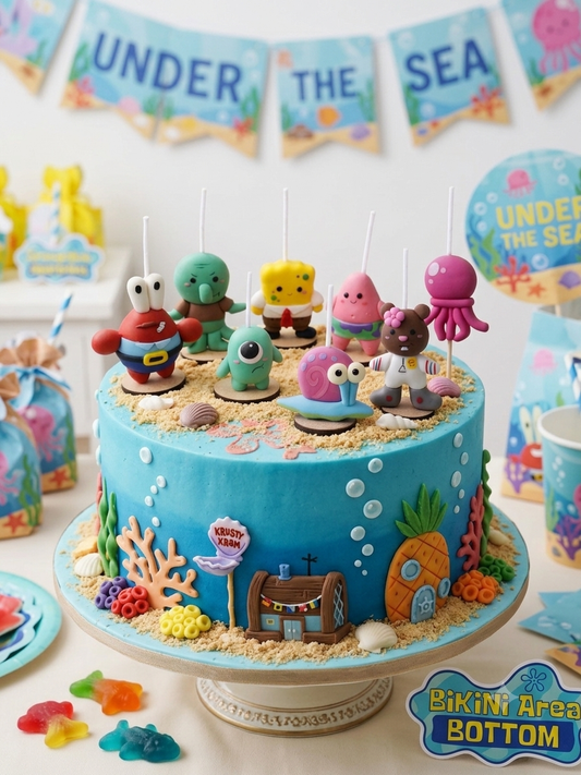 Velas de cumpleaños Bob esponja, Patricio, Arenita, Don cangrejo, Calamardo, Gary, Planton y medusa, toppers cake temáticos fondo de bikini 8pz , incluye stickers