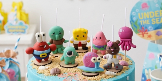 Velas de cumpleaños Bob esponja, Patricio, Arenita, Don cangrejo, Calamardo, Gary, Planton y medusa, toppers cake temáticos fondo de bikini 8pz , incluye stickers