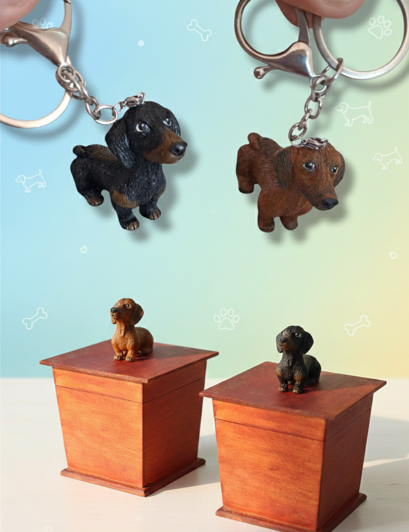 Urna y llavero perro Salchicha , urna para ceniza de mascotas con figura 3D + Llavero de recuerdo 2pz
