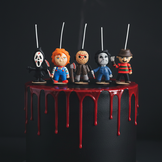 Velas de cumpleaños halloween película terror slasher , scream, michael myers, jason, Freddy y chuki 5pz toppers cake