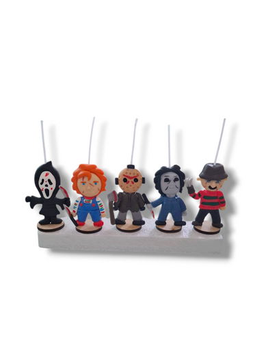 Velas de cumpleaños halloween película terror slasher , scream, michael myers, jason, Freddy y chuki 5pz toppers cake