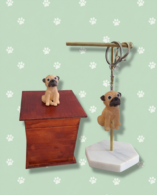 Urna Y Llavero Perro Pug Pugsito Negro o Beige , Urna Para Ceniza De Mascotas Con Figura 3D + Llavero De Recuerdo 2pz