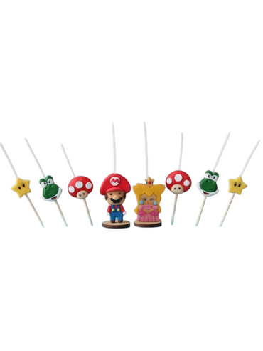 Velas cumpleaños Mario Bros, Peach , Yoshi, Hongo y Star, 8pz toppers cake tematica decoración pastel