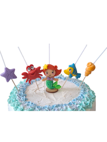 Velas de cumpleaños 5pz La sirenita y sus amigos, Ariel, sebastian y Flounder con estrella de mar y conchita, toppers cake decoracion tematica para pastel