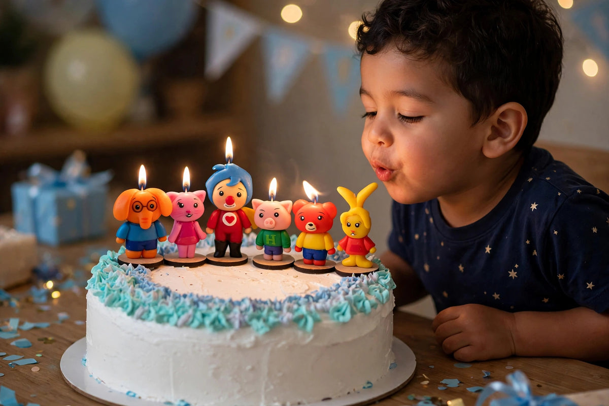 Velas cumpleaños Payasito Plim Plim y sus amigos, decoración y fiesta infantil, toppers cake, 6pz