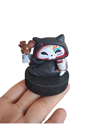 Figura decorativa gato catrina, día de muertos, gato con bastón rata, divertido diseño 1pz