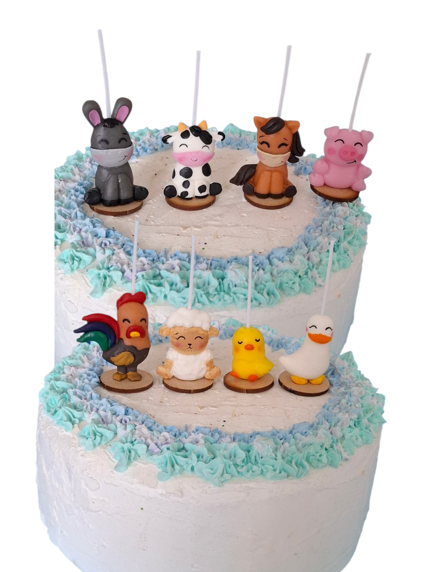 Velas cumpleaños animales de granja, 8pz , Vaca, Gallo, Burro, Caballo, Pato, Pollito,Oveja y Puerquito, toppers cake, decoración temática
