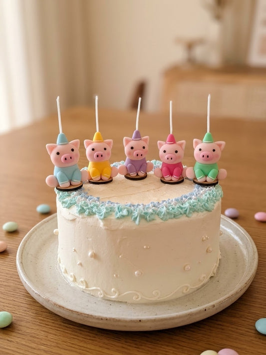 Cochinitos de colores, puerquitos tiernos , velas para pastel 5pz decoración para fiesta temática , toppers cakes para cumpleaños