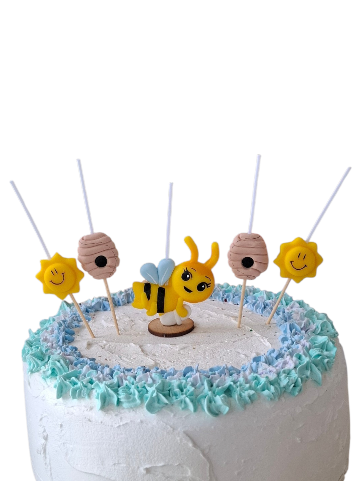 Velas cumpleaños Abejita chiquita 5pz temática pañal y solecitos, toppers cake