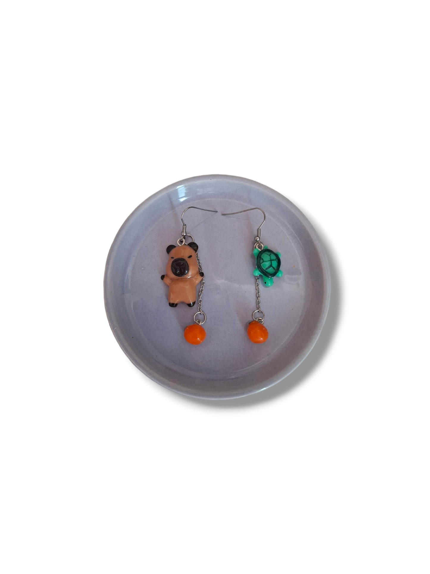 Collar y aretes lindos capibaras con tortuga y mandarinas, 2pz set joyería acero inoxidable