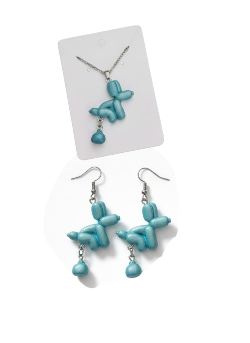 Collar Y Aretes perro globo metálico haciendo popi, divertido conjunto joyería 2pz Set acero inoxidable