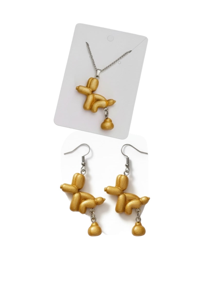 Collar Y Aretes perro globo metálico haciendo popi, divertido conjunto joyería 2pz Set acero inoxidable