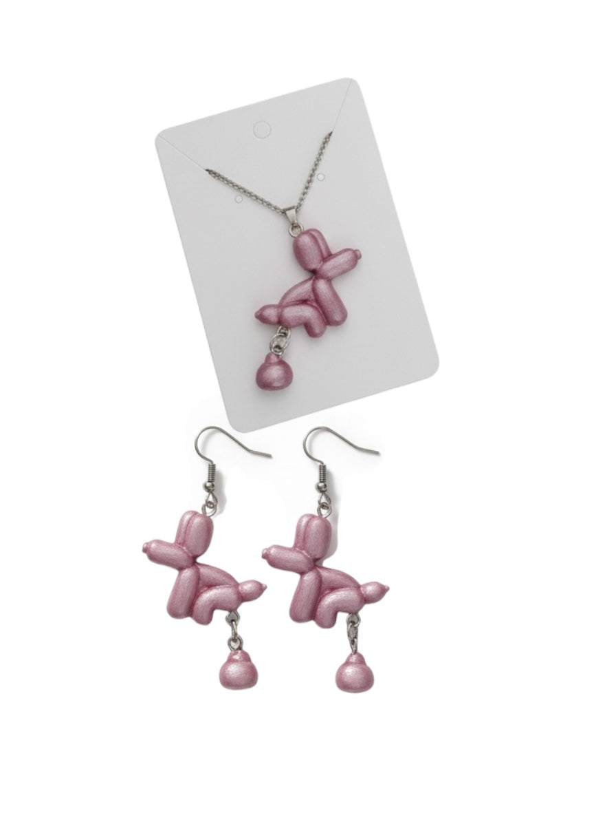 Collar Y Aretes perro globo metálico haciendo popi, divertido conjunto joyería 2pz Set acero inoxidable