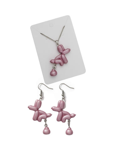 Collar Y Aretes perro globo metálico haciendo popi, divertido conjunto joyería 2pz Set acero inoxidable