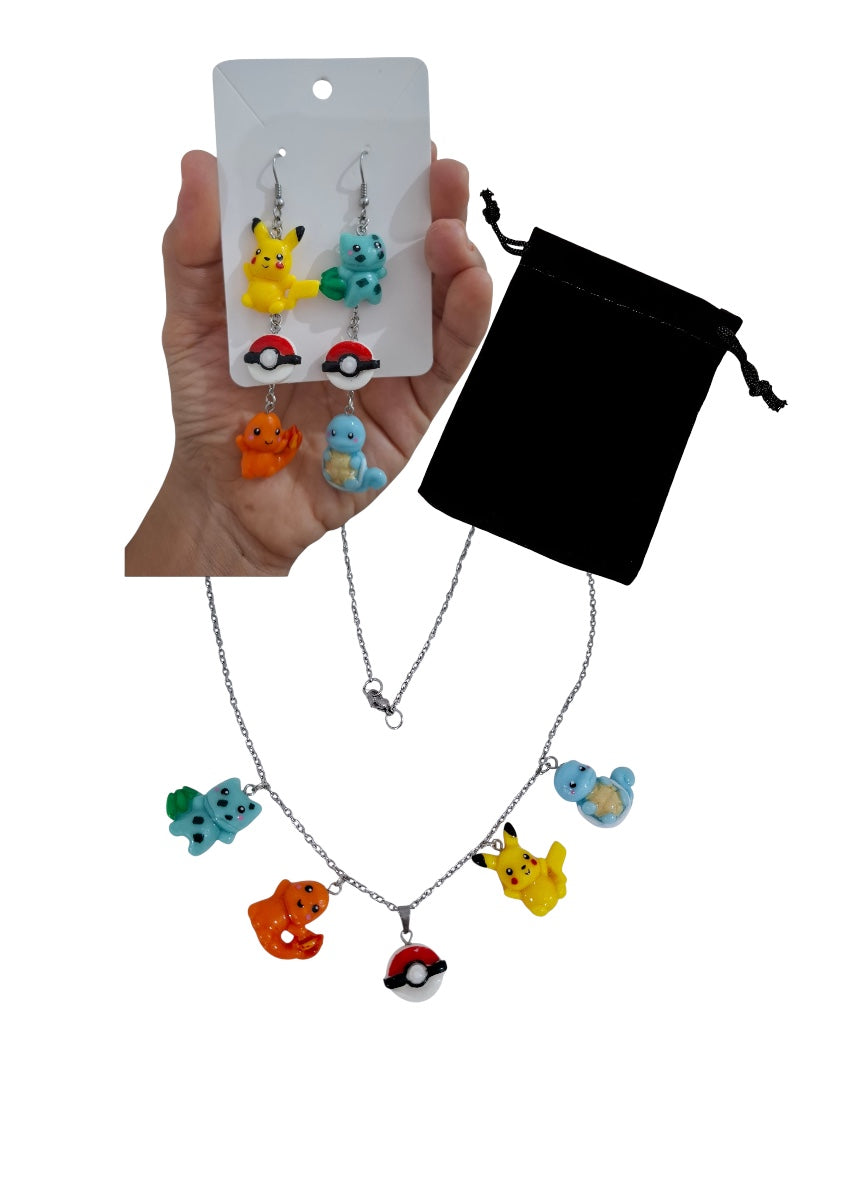 Collar y aretes Pokemon , Pikachu y sus amigos, personajes animados Conjunto Joyería 2pz Set Acero Inoxidable