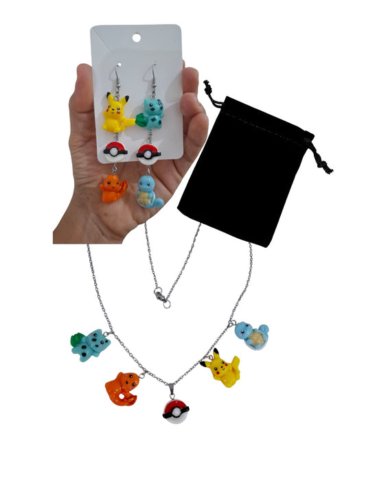 Collar y aretes Pokemon , Pikachu y sus amigos, personajes animados Conjunto Joyería 2pz Set Acero Inoxidable
