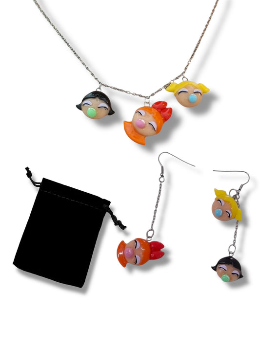 Collar y aretes Las Chicas súper poderosas, 2 pz, set joyería acero inoxidable