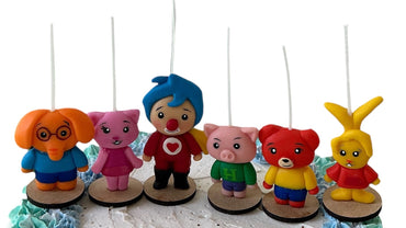 Velas cumpleaños Payasito Plim Plim y sus amigos, decoración y fiesta infantil, toppers cake, 6pz