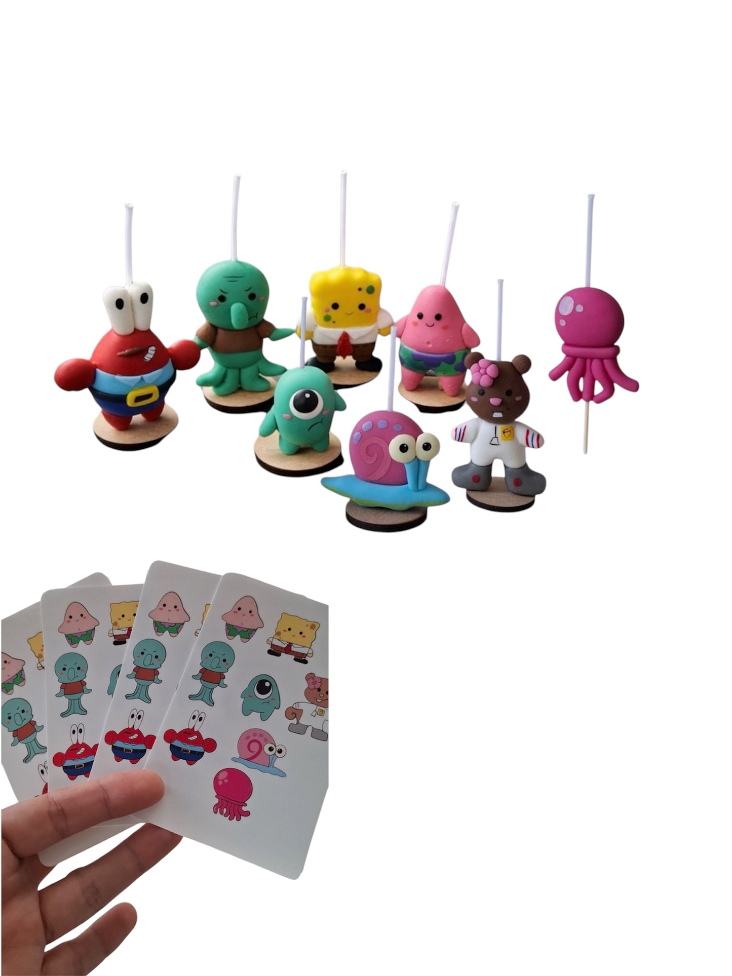 Velas de cumpleaños Bob esponja, Patricio, Arenita, Don cangrejo, Calamardo, Gary, Planton y medusa, toppers cake temáticos fondo de bikini 8pz , incluye stickers