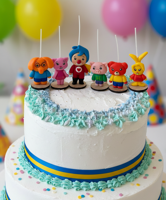 Velas cumpleaños Payasito Plim Plim y sus amigos, decoración y fiesta infantil, toppers cake, 6pz