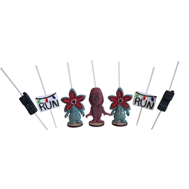 Stranger Things velas cumpleaños 7pz , demogorgon, vecna, run y radios, toppers cake, decoración fiesta