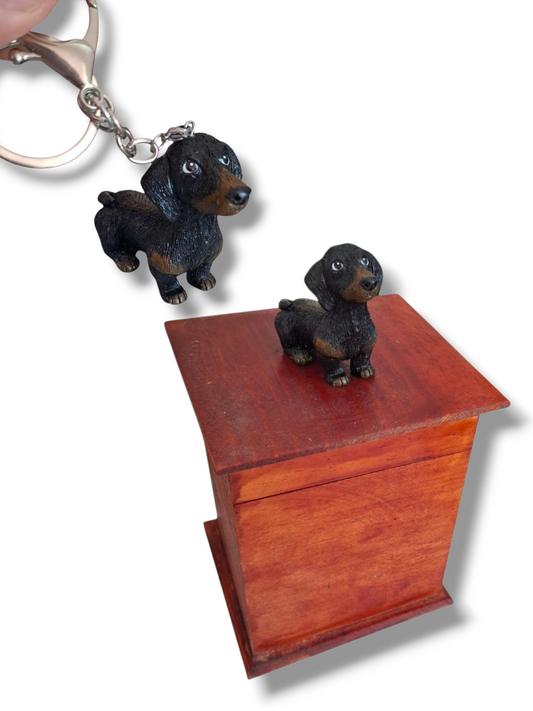 Urna y llavero perro Salchicha , urna para ceniza de mascotas con figura 3D + Llavero de recuerdo 2pz