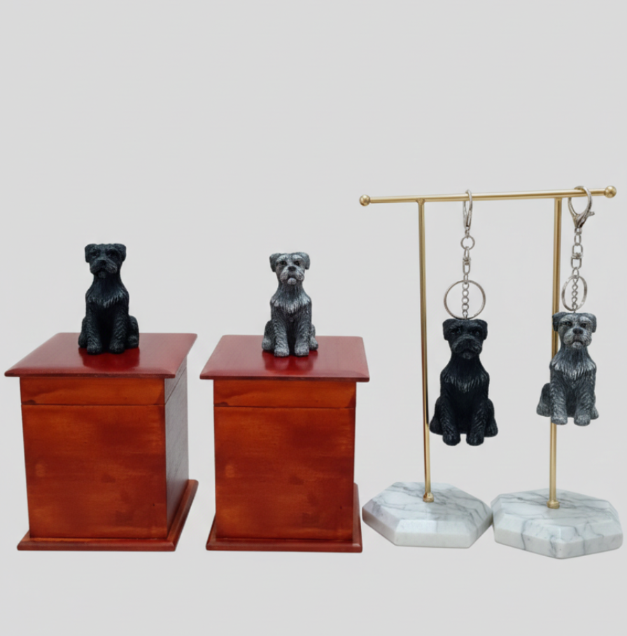 Urna Y Llavero Perro Schnauzer , Urna Para Ceniza De Mascotas Con Figura 3D + Llavero De Recuerdo 2pz, negro o gris