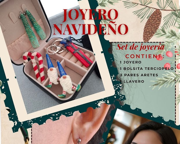Set navideño, set de aretes navidad, regalo navideño mujer, accesorios navideños, joyero regalo, set de joyeria para regalar 3pares de aretes, 1 llavero y 1 joyero