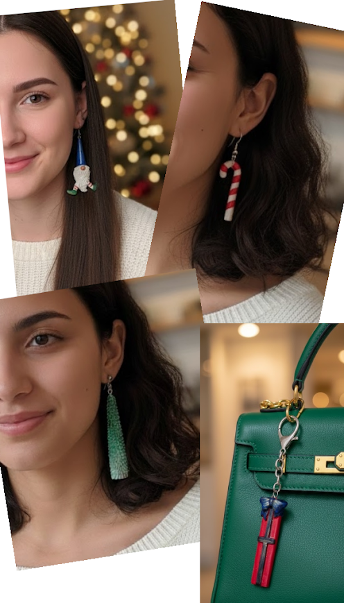 Set navideño, set de aretes navidad, regalo navideño mujer, accesorios navideños, joyero regalo, set de joyeria para regalar 3pares de aretes, 1 llavero y 1 joyero
