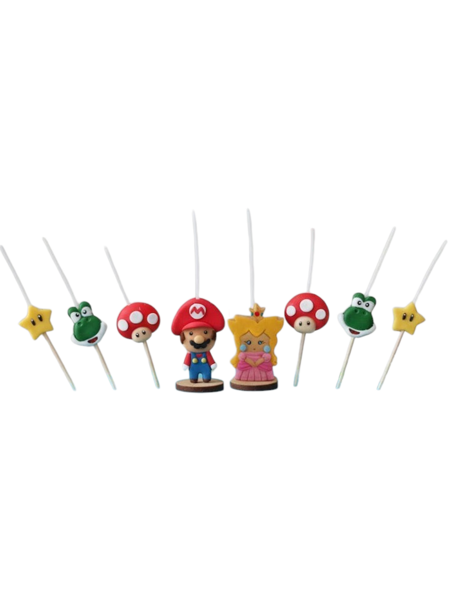 Velas cumpleaños Mario Bros,  Peach , Yoshi, Hongo y Star, 8pz toppers cake tematica decoración pastel