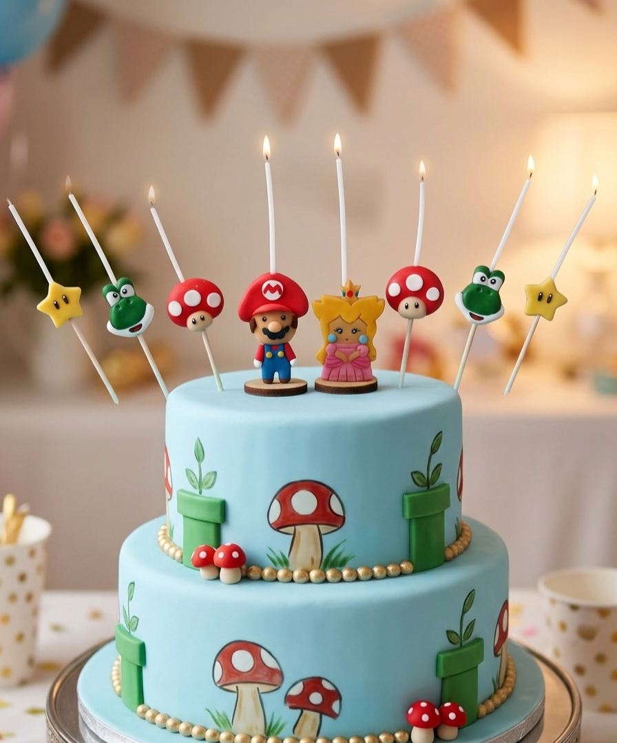 Velas cumpleaños Mario Bros,  Peach , Yoshi, Hongo y Star, 8pz toppers cake tematica decoración pastel