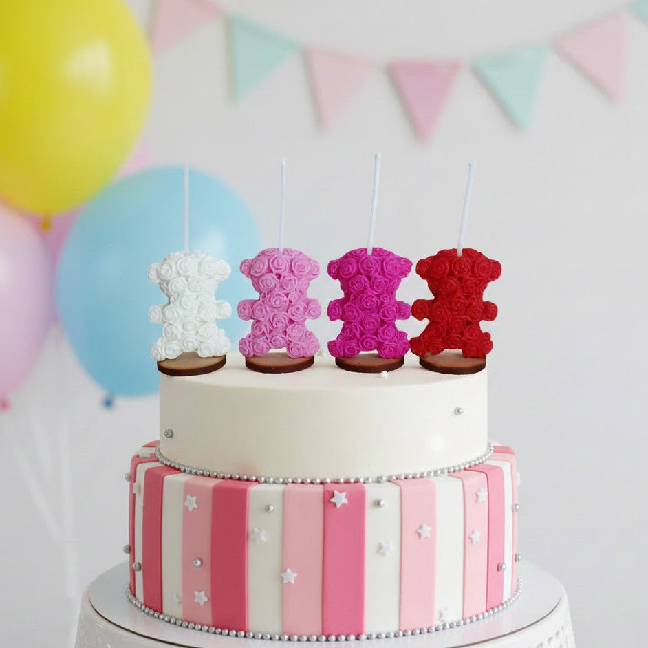 Velas de cumpleaños ositos de rositas, osos flores 4pz toppers cake decoracion de pastel