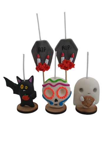 Velas tematicas Halloween, fantasma, calavera de azucar, lapida y murcielago 5pz toppers cake decoracion de pastel